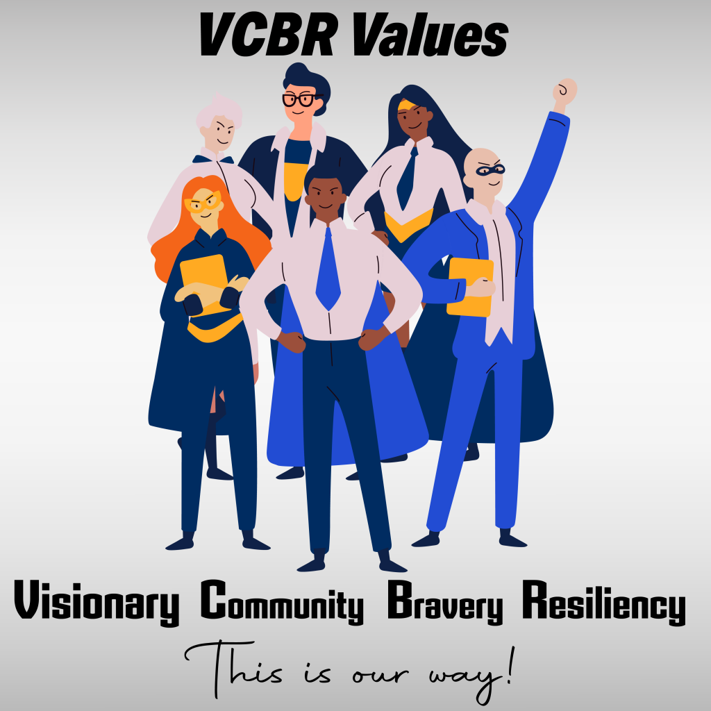 የሱፐር ጀግና ሰራተኞች ምስል (VCBR Staff) በተቋሙ ውስጥ ለተያዙት እሴቶች ቆመው
